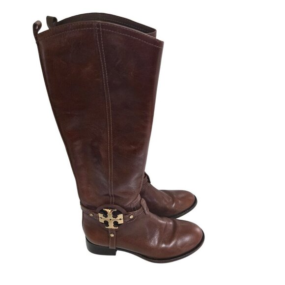 Tory Burch Aaden Riding Boots Cognac Leather Gold Logo Zip Closure Size 6M - Picture 2 of 16